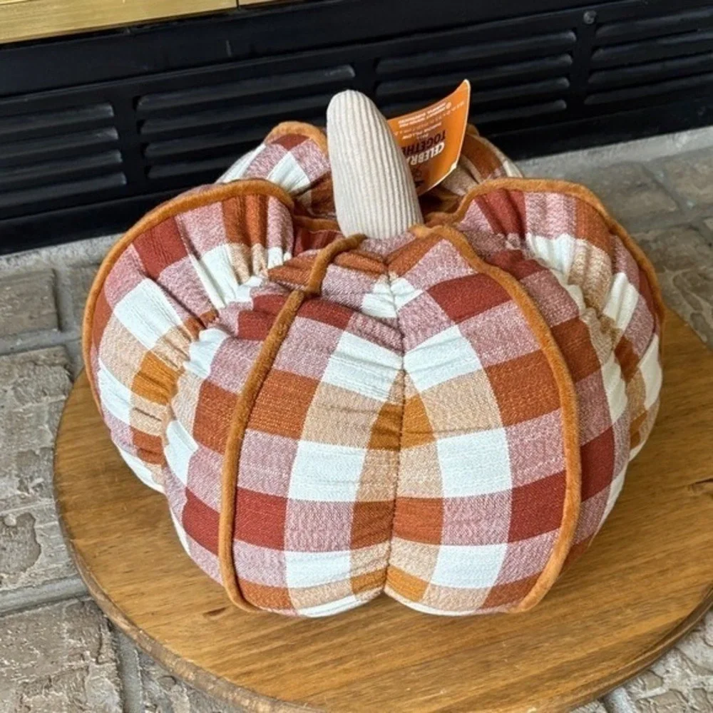 Celebrate Together Oversized Orange Plaid Pumpkin Accent Pillow Decor 11.5